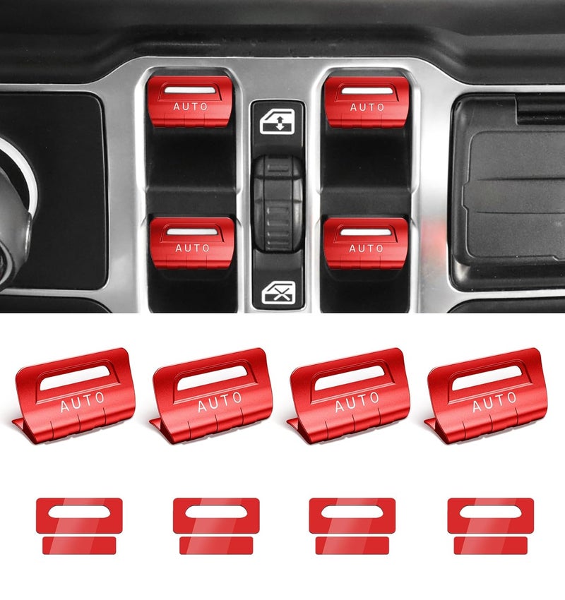 Eamplest for Jeep 4 PCS Upgrade Metal Window Switch Button Cover Compatible with Jeep Wrangler JL JLU 2023 2022 2021 2020 2019 2018 & Gladiator JT 2020-2023 Interior Accessories (Red) - Image 1