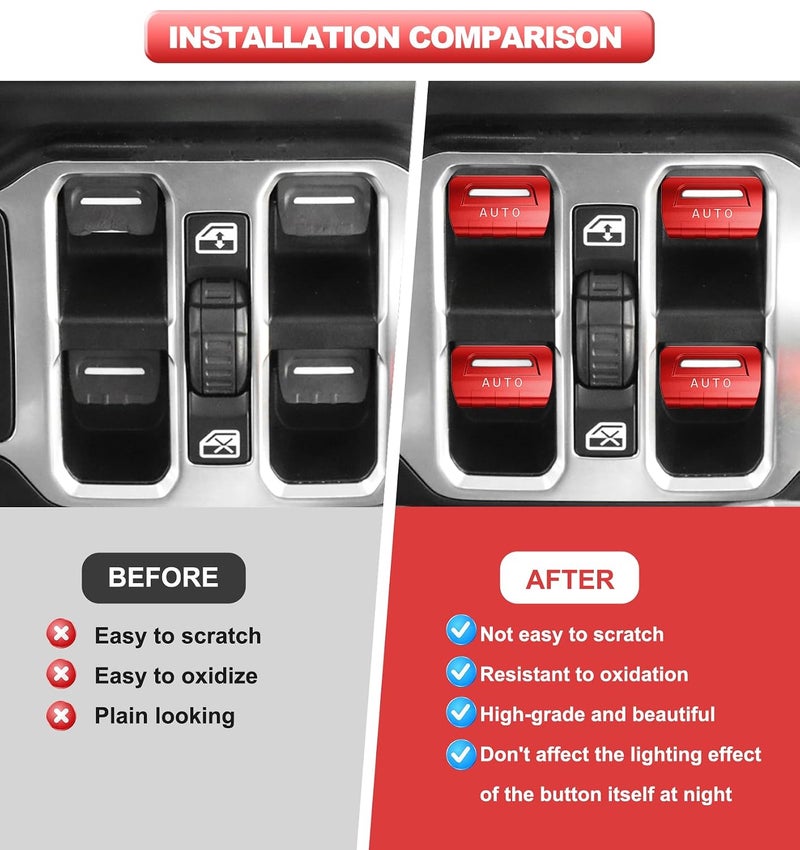 Eamplest for Jeep 4 PCS Upgrade Metal Window Switch Button Cover Compatible with Jeep Wrangler JL JLU 2023 2022 2021 2020 2019 2018 & Gladiator JT 2020-2023 Interior Accessories (Red) - Image 5