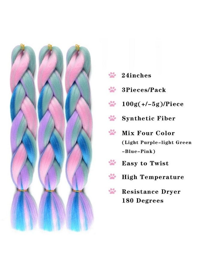 FEEL ME Jumbo Braiding Hair For Women Mix Four Colored Hair Extensions For Braiding Hair Extensions 24Inch Rainbow Colors Synthetic Fiber For Box Braiding Hair(Light Purple/Light Green/Blue/Pink3Pcs) - Image 3