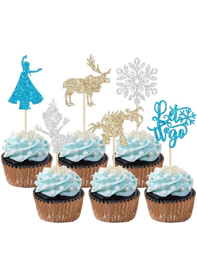 Ephlyn 24Pcs Snowflake Cupcake Toppers Glitter Winter Frozen Theme Snowflake Deer Princess Cupcake Pick Decorations for Winter Wonderland Baby Shower Birthday Xmas Party Supplies - Image 1