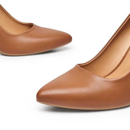 Trary Women’s High Heel Dress Pump Pointed Toe Shoe Classic Office Special Dressy Casual PU Brown08 - Image 3