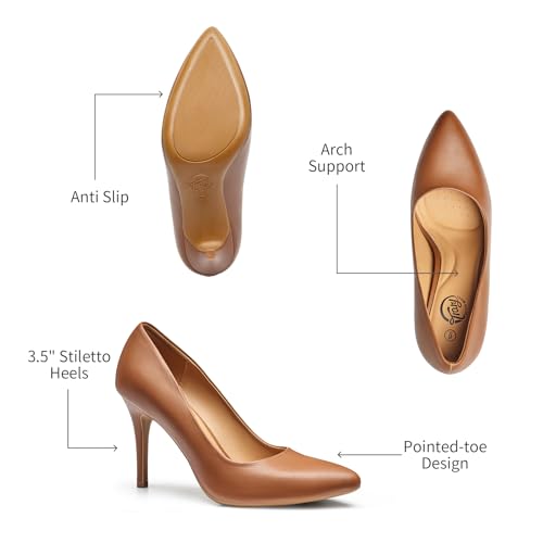 Trary Women’s High Heel Dress Pump Pointed Toe Shoe Classic Office Special Dressy Casual PU Brown08 - Image 5