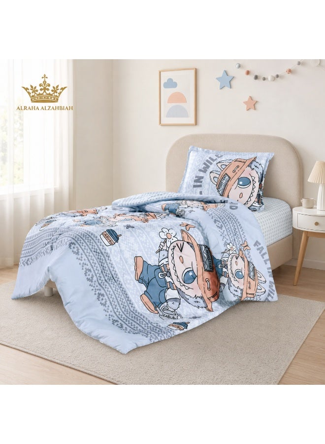 طقم مفارش أطفال 3 قطع مايكروفايبر – لحاف 160×220 سم بحشوة بوليستر 3 كجم مع شرشف مطاط وكيس مخدة – عدة ألوان