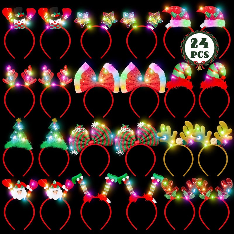HOVACY 24 PCS Light Up Christmas Headband LED Lights Christmas Head Topper Santa Hat Reindeer Antler Tree Leprechaun Hat Bow Headpieces Bulk for Adults Xmas Holiday Party Favors Photo Supplies - Image 3