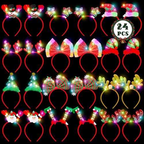 HOVACY 24 PCS Light Up Christmas Headband LED Lights Christmas Head Topper Santa Hat Reindeer Antler Tree Leprechaun Hat Bow Headpieces Bulk for Adults Xmas Holiday Party Favors Photo Supplies - Image 1