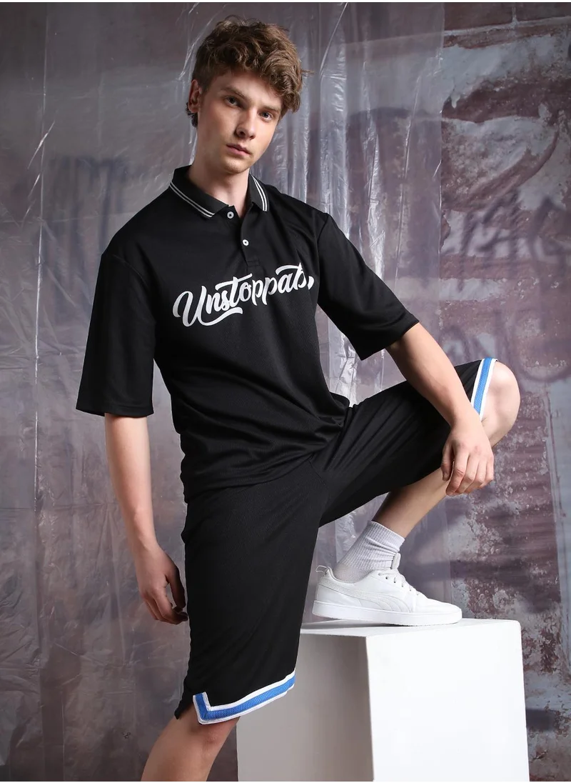 هوبرهولمي Men's Black 100% Polyester Printed Cropped Bermuda Longline Oversized Co-Ords