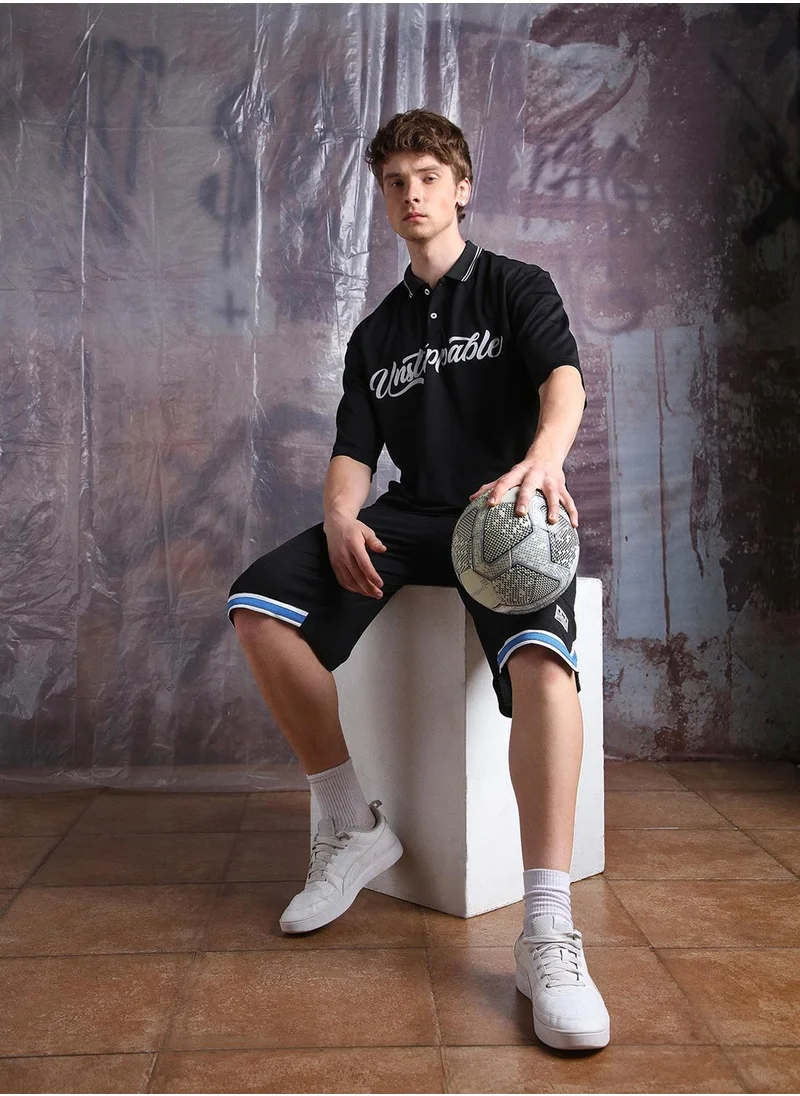 هوبرهولمي Men's Black 100% Polyester Printed Cropped Bermuda Longline Oversized Co-Ords
