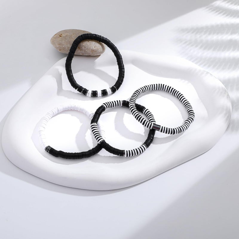 GOOJIDS Black Surfer Heishi Clay Bead Bracelets for Women Bohemian Stackable Gold Beaded Stretch Bracelets Elastic Layering Friendship Bracelets Set Boho Jewelry - Image 3