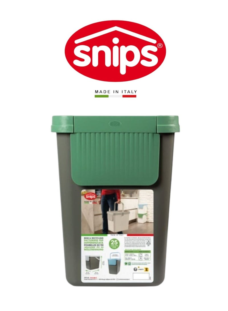 Snips 25L Recycling Bin for Separate Waste Collection – Grey with Light Green Lid, Made in Italy - Image 1