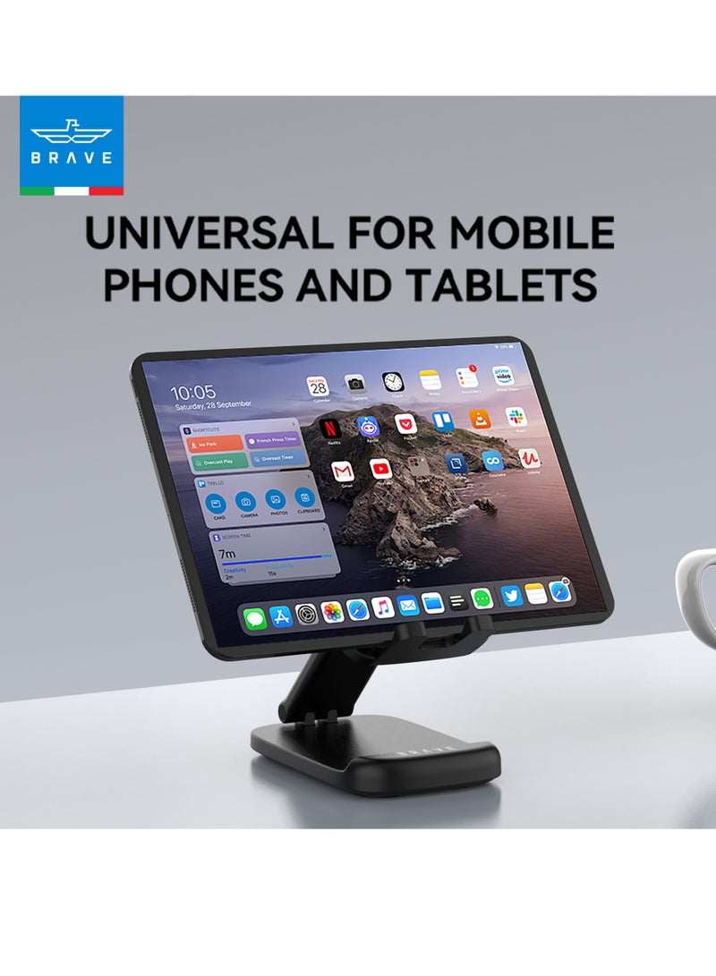 Brave Universal Foldable Adjustable Phone & Tablet Stand | Portable Desk Holder for iPhone Air, iPhone 17/17 Pro/17 Pro Max, iPhone 16/15/14/13/12 Series, iPad Pro/Air/Mini, Samsung Galaxy S25/S24/S23 Ultra, Tablets & Smartphones | Height & Angle Adjustable Metal/ABS, Lightweight & Compact – Black - Image 3
