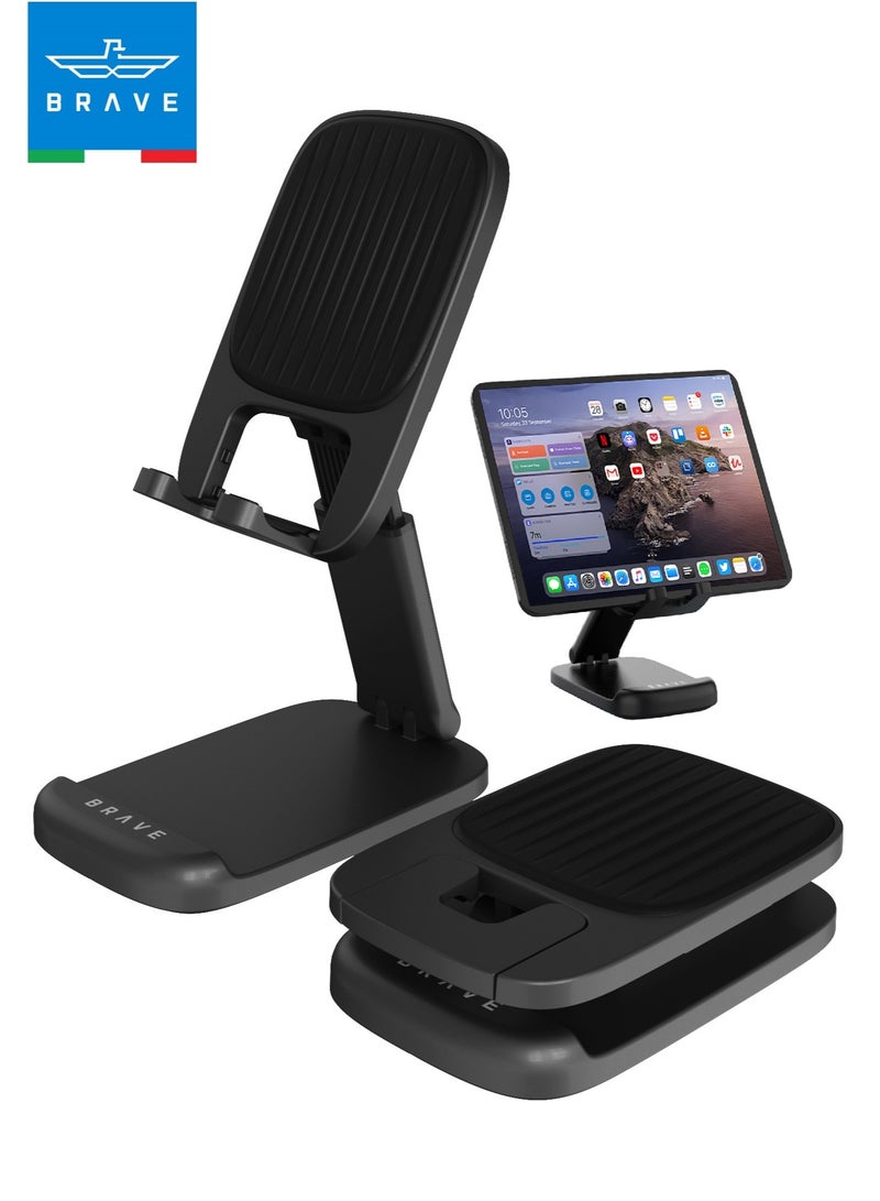 Brave Universal Foldable Adjustable Phone & Tablet Stand | Portable Desk Holder for iPhone Air, iPhone 17/17 Pro/17 Pro Max, iPhone 16/15/14/13/12 Series, iPad Pro/Air/Mini, Samsung Galaxy S25/S24/S23 Ultra, Tablets & Smartphones | Height & Angle Adjustable Metal/ABS, Lightweight & Compact – Black - Image 1