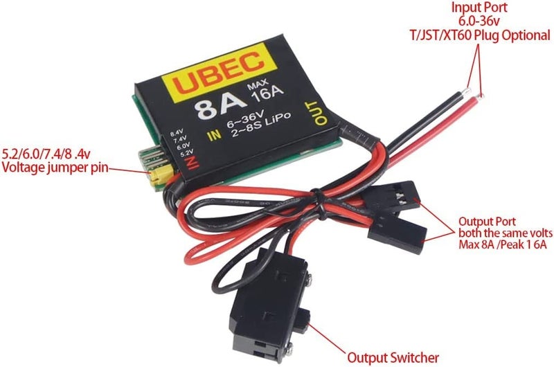 SoloGood 2S-8S Lipo 6-36V UBEC-8A BEC 5.2V/6.0V/7.4V/8.4V Servo Independent Power Supply Suitable for RC Sutomotive Fixed Wing Aircraft Robotic Arms black - Image 2