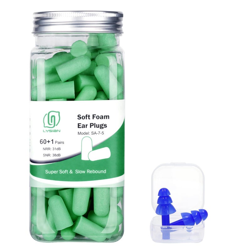 LYSIAN Ultra Soft Foam Earplugs for Sleep Sound Proof38dB SNR Noise Free Ear Plugs for Sleeping Noise Cancelling Snoring ShootingWork60 PairsGreen