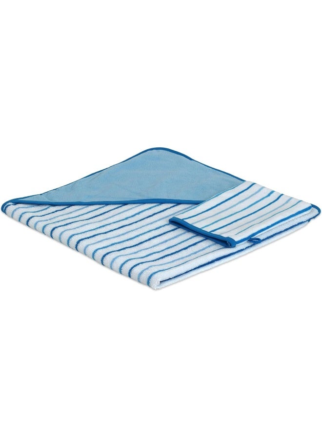 TowelSelections Turkish Cotton Hooded Terry Velour Baby Bath Towel and Glove Set Blue Striped