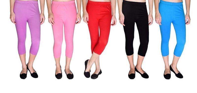 FEELBLUE Premium Cotton Strechable Women's Casual/Gym/Sports 3/4th Capri (Free Size) Combo Pack of 5 (MauvePinkRedBlckFirozi) - Image 1