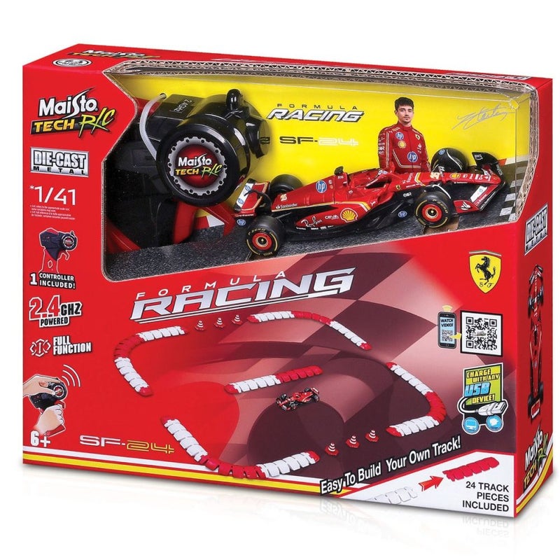 Maisto Tech Formula Racing Ferrari SF-24 #16 Charles Leclerc RC Car with Race Track Set (1:41, Red) - Image 1