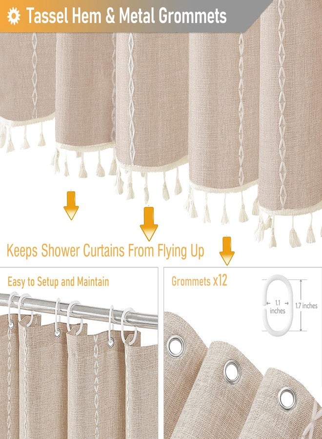 BTTN ستارة حمام طويلة جدًا من BTTN - طقم ستارة حمام من قماش الكتان المخطط والمزين بشرابات، بتصميم بوهيمي أنيق، مقاس 72 × 84 بوصة، مع خطافات، ستائر حمام طويلة وعصرية بتصميم ريفي أنيق، مصنوعة من قماش ثقيل الوزن - لون بني فاتح/رمادي داكن - Image 5