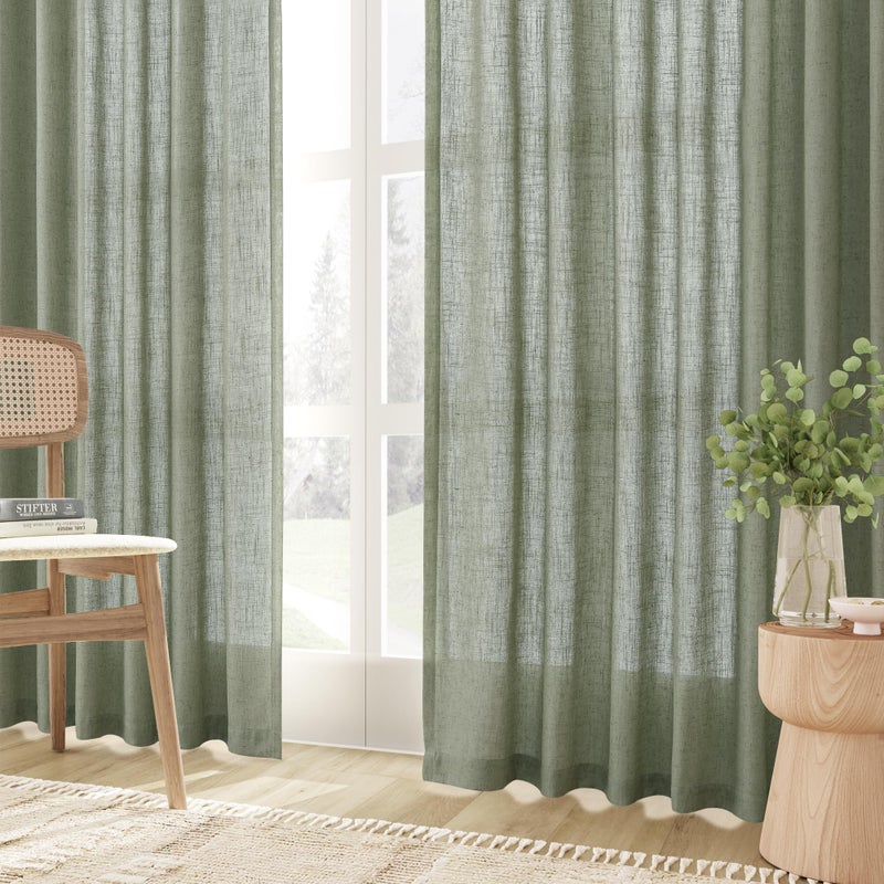 Joywell Sage Green Back Tab Rod Pocket Linen Curtains 84 Inches Long 2 Panels for Living Room Bedroom Neutral Boho Farmhouse Rustic Light Filtering Semi Sheer Curtains Window Treatment 52x84 - Image 4