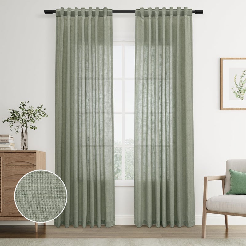Joywell Sage Green Back Tab Rod Pocket Linen Curtains 84 Inches Long 2 Panels for Living Room Bedroom Neutral Boho Farmhouse Rustic Light Filtering Semi Sheer Curtains Window Treatment 52x84 - Image 1
