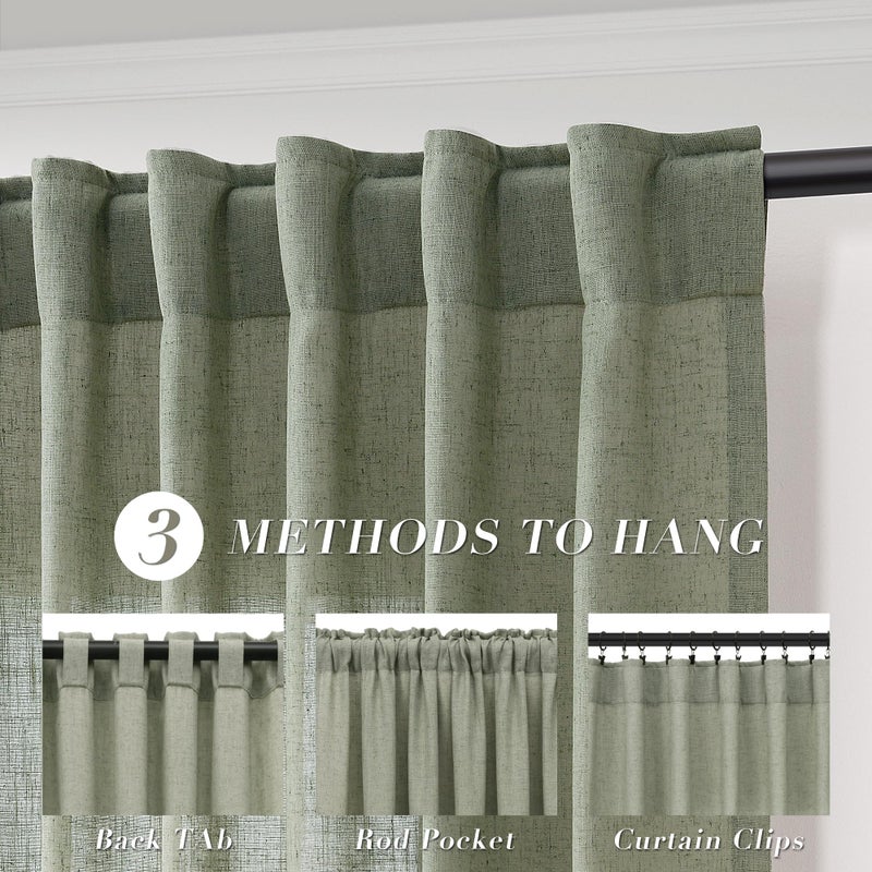 Joywell Sage Green Back Tab Rod Pocket Linen Curtains 84 Inches Long 2 Panels for Living Room Bedroom Neutral Boho Farmhouse Rustic Light Filtering Semi Sheer Curtains Window Treatment 52x84 - Image 3