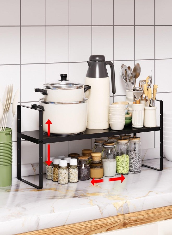 KMUZAWN Expandable Cabinet Shelf Organizer Rack, Stackable Kitchen Counter Storage Shelves Stand, Adjustable Height Pantry Shelf Spice Rack(Black-1 Pack, 8.7" D x 15.4-26.8" W x 9.8" H) - Image 1