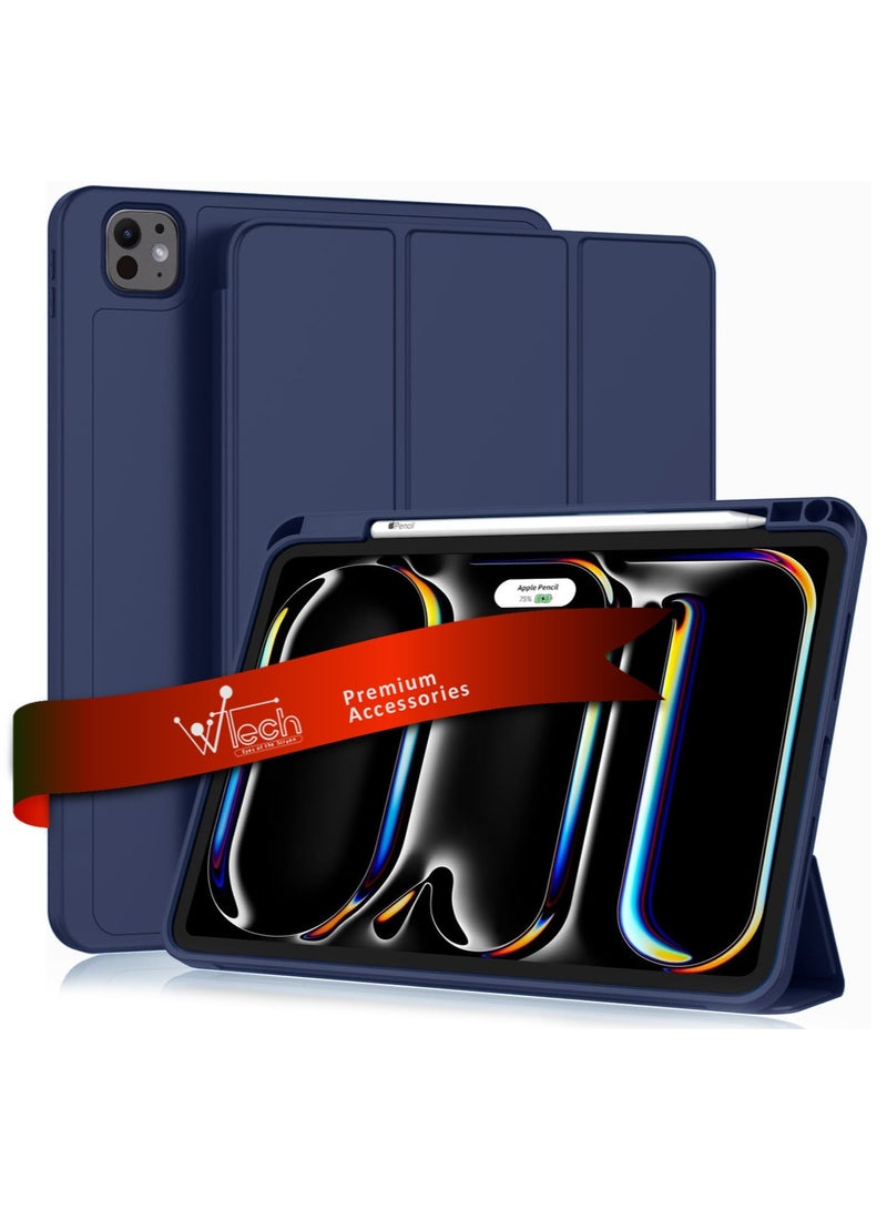 Wtech Apple iPad Pro 11 5G 2024 (5th Gen) 11 inch / Apple iPad Pro 11-inch (M5) 2025 Smart Flip Auto Awake/Auto Sleep Leather Texture with Pen Holder Case Cover - Navy Blue - Image 1