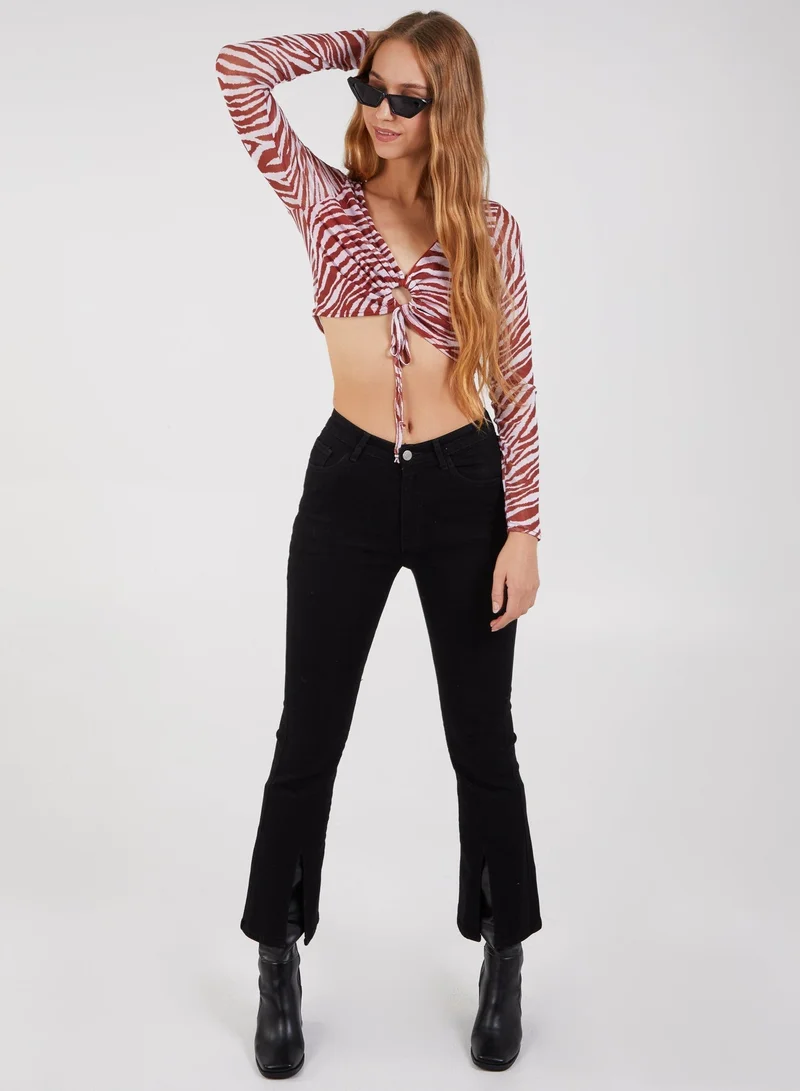 Pink Vanilla  Zebra Print Plunge Neck Mesh Top for Women | Best Price UAE