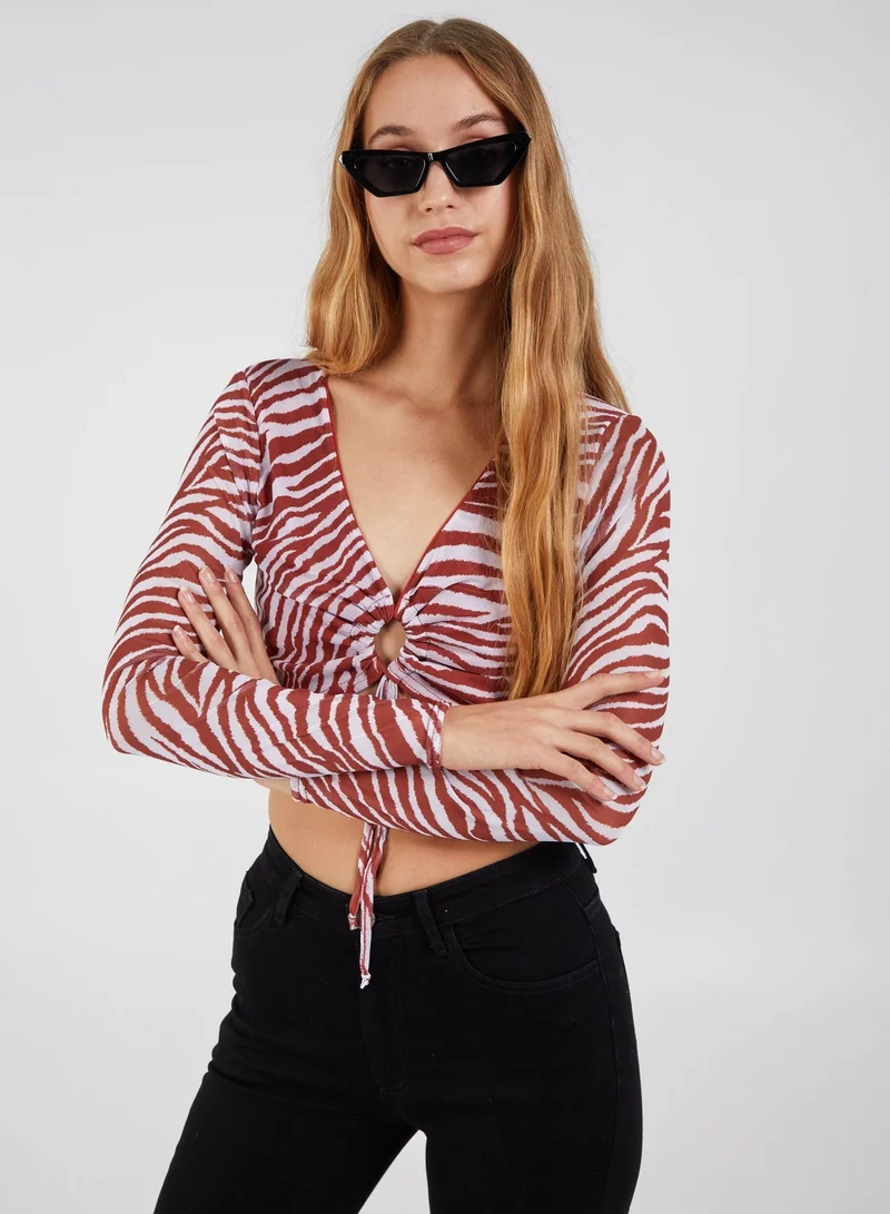 Pink Vanilla  Zebra Print Plunge Neck Mesh Top for Women | Best Price UAE