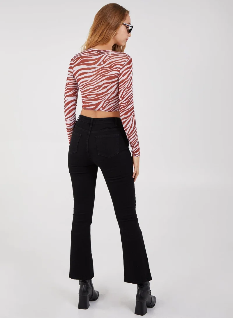 Pink Vanilla  Zebra Print Plunge Neck Mesh Top for Women | Best Price UAE
