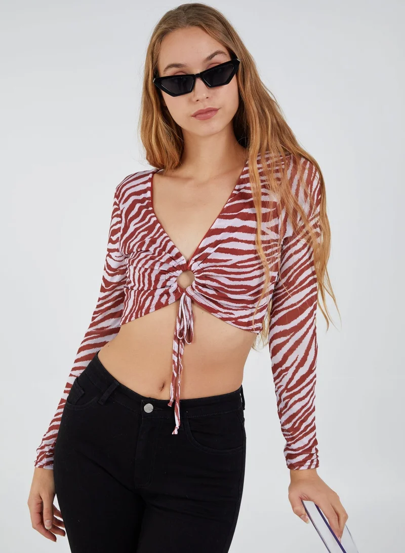 Pink Vanilla  Zebra Print Plunge Neck Mesh Top for Women | Best Price UAE