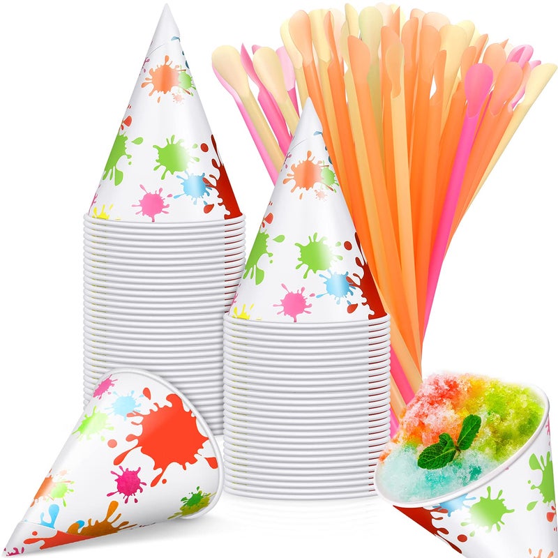 BOAO Boao 100 Pieces Snow Cone Cups 4.5 OZ Leakproof Cone Paper Cups Matching 100 Pieces Spoon Straws for Snow Cone Syrups Slush Shaved Ice Cream Sorbet Water(Splashing Ink Style) - Image 1