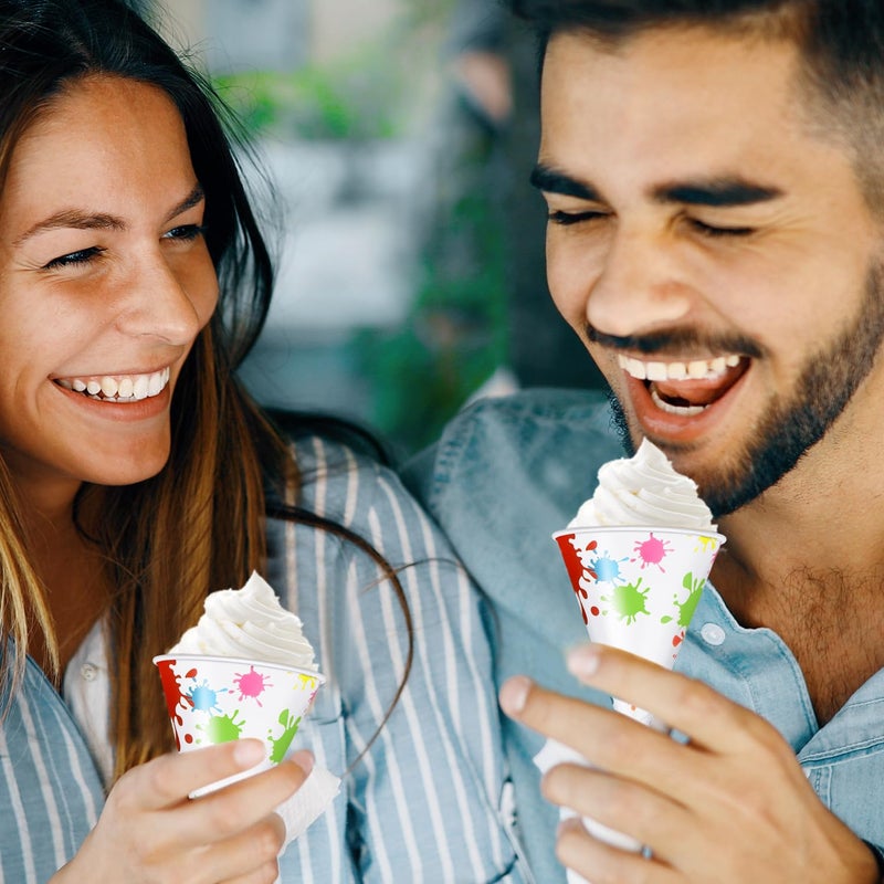 BOAO Boao 100 Pieces Snow Cone Cups 4.5 OZ Leakproof Cone Paper Cups Matching 100 Pieces Spoon Straws for Snow Cone Syrups Slush Shaved Ice Cream Sorbet Water(Splashing Ink Style) - Image 4