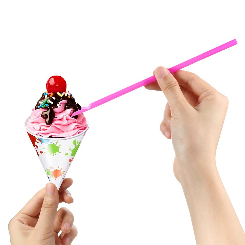BOAO Boao 100 Pieces Snow Cone Cups 4.5 OZ Leakproof Cone Paper Cups Matching 100 Pieces Spoon Straws for Snow Cone Syrups Slush Shaved Ice Cream Sorbet Water(Splashing Ink Style) - Image 5