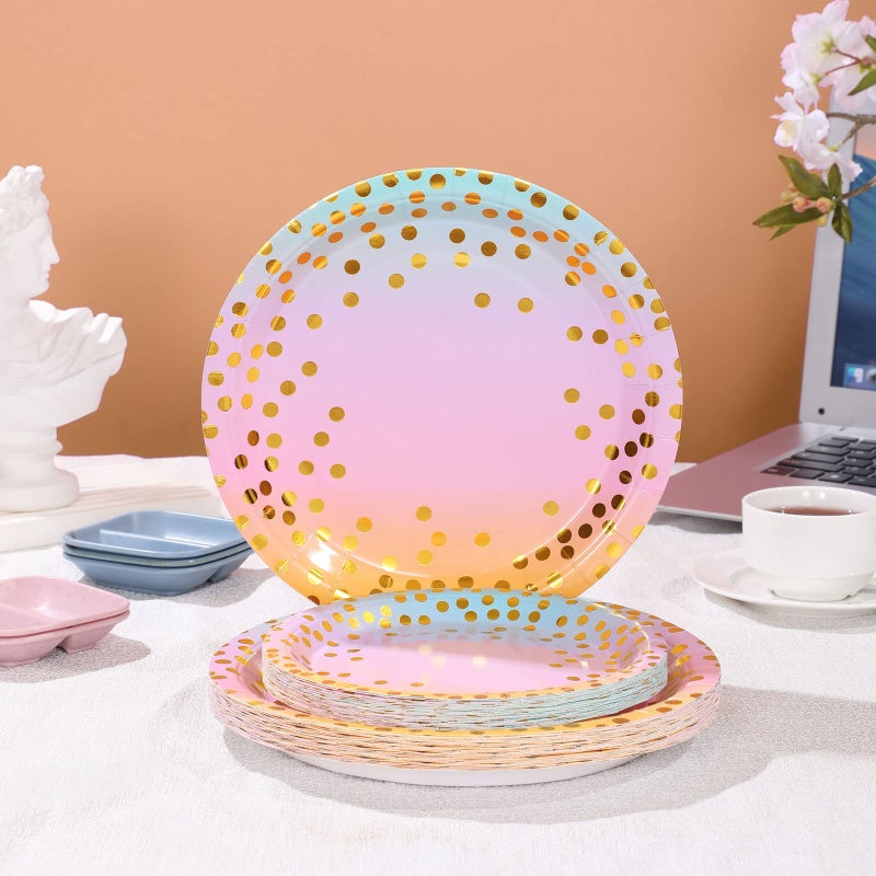 Boocikey 150PCS Pastel Rainbow Plates and Napkins Party Supplies Golden Dot Pastel Paper Plates Disposable for 50 Guests Rainbow Party Decorations for Girl Birthday Decorations - Image 4