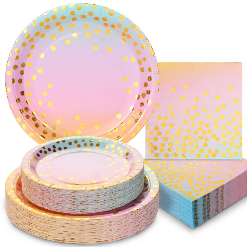 Boocikey 150PCS Pastel Rainbow Plates and Napkins Party Supplies Golden Dot Pastel Paper Plates Disposable for 50 Guests Rainbow Party Decorations for Girl Birthday Decorations - Image 1