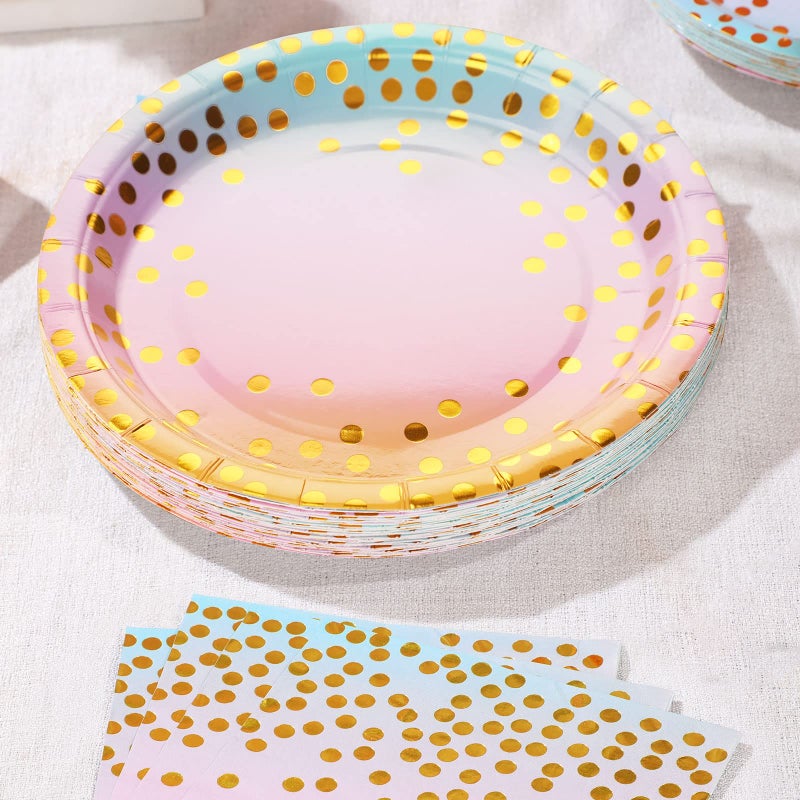 Boocikey 150PCS Pastel Rainbow Plates and Napkins Party Supplies Golden Dot Pastel Paper Plates Disposable for 50 Guests Rainbow Party Decorations for Girl Birthday Decorations - Image 3