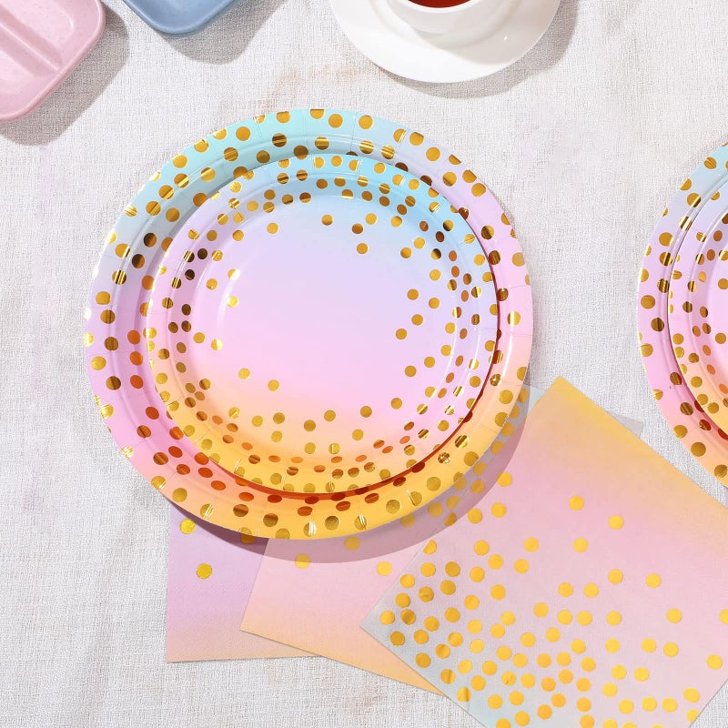 Boocikey 150PCS Pastel Rainbow Plates and Napkins Party Supplies Golden Dot Pastel Paper Plates Disposable for 50 Guests Rainbow Party Decorations for Girl Birthday Decorations - Image 2