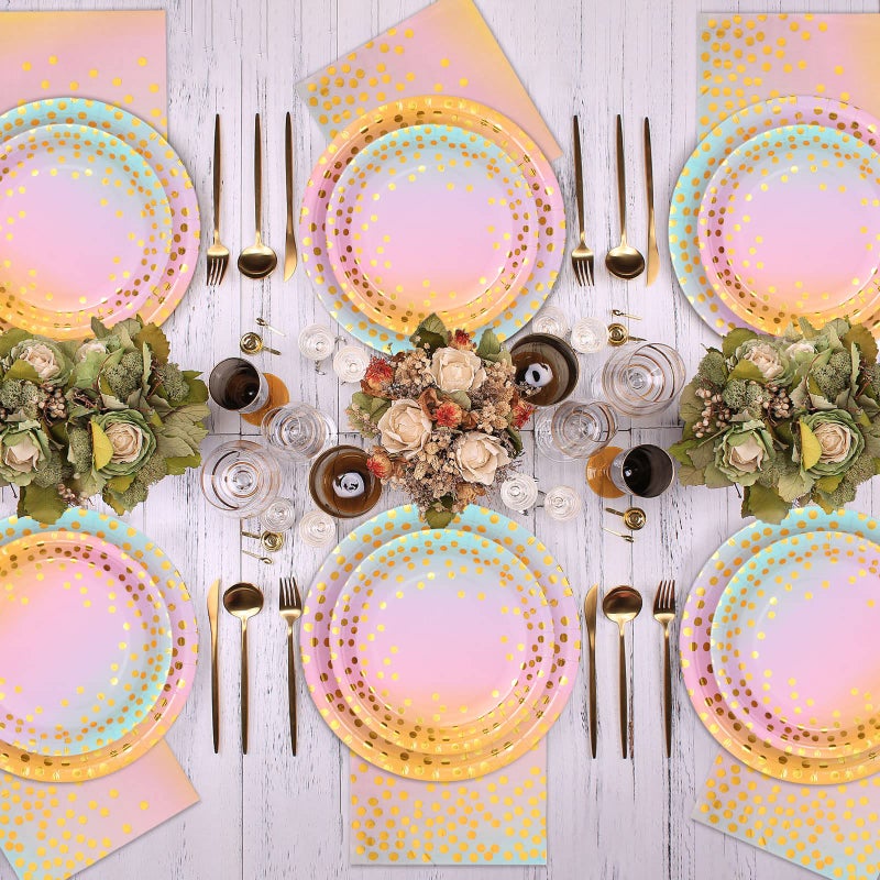 Boocikey 150PCS Pastel Rainbow Plates and Napkins Party Supplies Golden Dot Pastel Paper Plates Disposable for 50 Guests Rainbow Party Decorations for Girl Birthday Decorations - Image 5