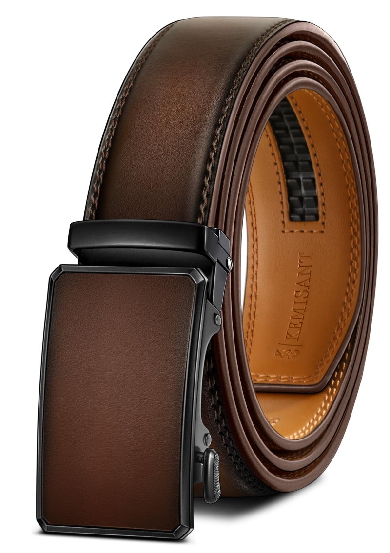 KEMISANT Men Belt Ratchet Click Belt Genuine Leather Adjustable For Men Golf Dress Casual Jeans 1 3/8-Cut For Fit(Deep Brown,32"-38" Waist Adjustable) - Image 1