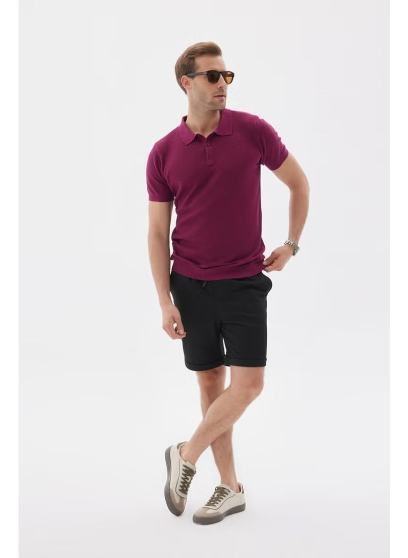 Odelon Men's Polo Neck Jacquard Knitwear T-Shirt Fuchsia - Image 2