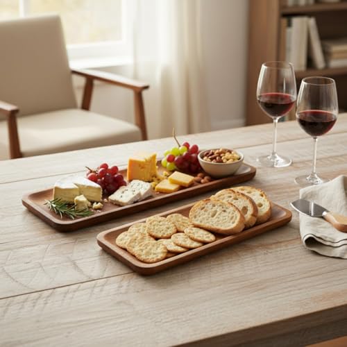 SAAGA Acacia Solid Wood Rectangular Serving Platter Set | 2 Pcs (17x5 & 12x5 Inch) Multipurpose Trays for Snacks, Fruits & Desserts – Brown - Image 3