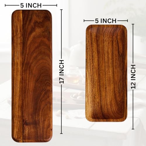 SAAGA Acacia Solid Wood Rectangular Serving Platter Set | 2 Pcs (17x5 & 12x5 Inch) Multipurpose Trays for Snacks, Fruits & Desserts – Brown - Image 2
