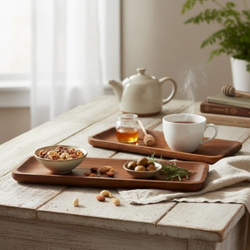SAAGA Acacia Solid Wood Rectangular Serving Platter Set | 2 Pcs (17x5 & 12x5 Inch) Multipurpose Trays for Snacks, Fruits & Desserts – Brown - Image 1