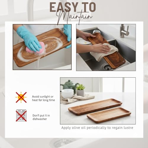 SAAGA Acacia Solid Wood Rectangular Serving Platter Set | 2 Pcs (17x5 & 12x5 Inch) Multipurpose Trays for Snacks, Fruits & Desserts – Brown - Image 5