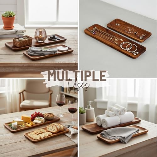 SAAGA Acacia Solid Wood Rectangular Serving Platter Set | 2 Pcs (17x5 & 12x5 Inch) Multipurpose Trays for Snacks, Fruits & Desserts – Brown - Image 4