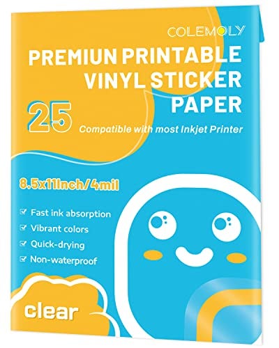 Colemoly Sticker Paper Clear Printable Vinyl for Inkjet Printer-25 Transparent Dry-Quick Sheets of 8.5’’x11’’ Decals and Labels Self-Adhesive Non-Waterproof Papers Tear Resistance Bright Color for DIY - Image 1
