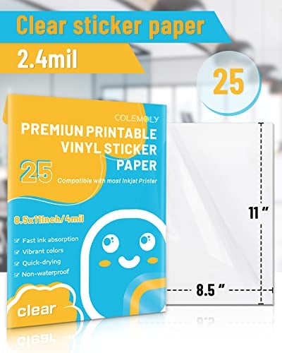 Colemoly Sticker Paper Clear Printable Vinyl for Inkjet Printer-25 Transparent Dry-Quick Sheets of 8.5’’x11’’ Decals and Labels Self-Adhesive Non-Waterproof Papers Tear Resistance Bright Color for DIY - Image 3