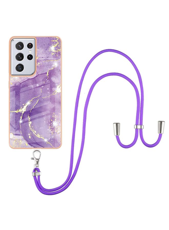 S-TOP Case For Samsung Galaxy S21 Ultra 5G Electroplating Marble Pattern IMD TPU Shockproof Case with Neck Lanyard - Image 2