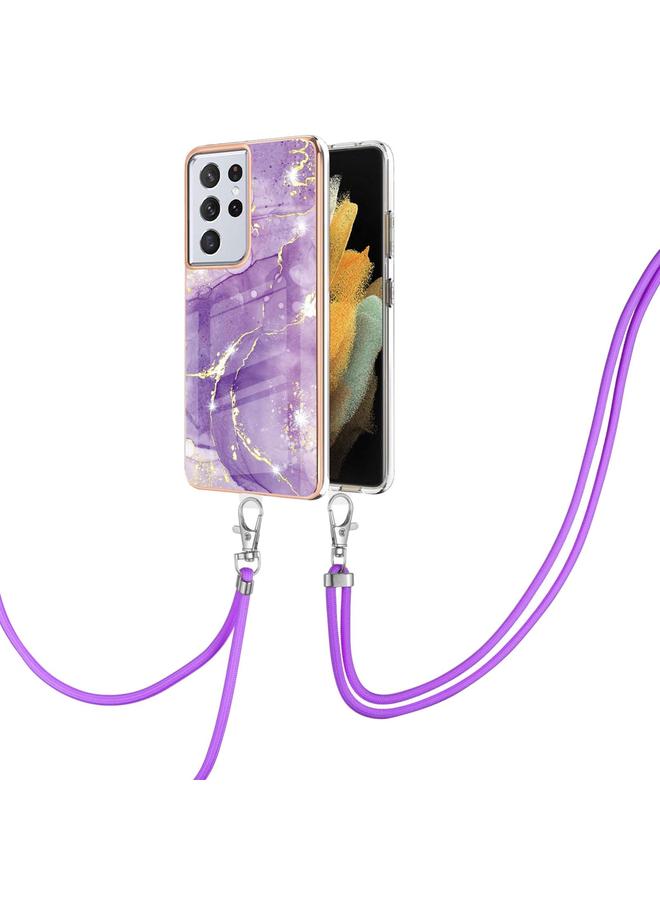 S-TOP Case For Samsung Galaxy S21 Ultra 5G Electroplating Marble Pattern IMD TPU Shockproof Case with Neck Lanyard - Image 1