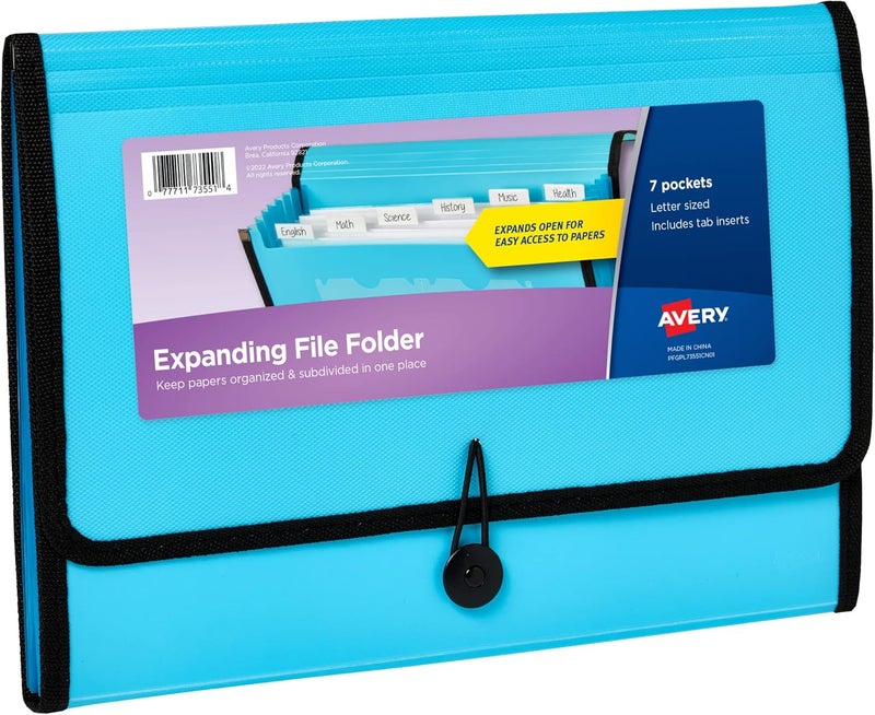 AVERY Expanding File Folder Organizer, 7-Pocket Accordion File Organizer, Aqua, Holds 425 Letter/A4-Size Sheets (73551) - Image 1